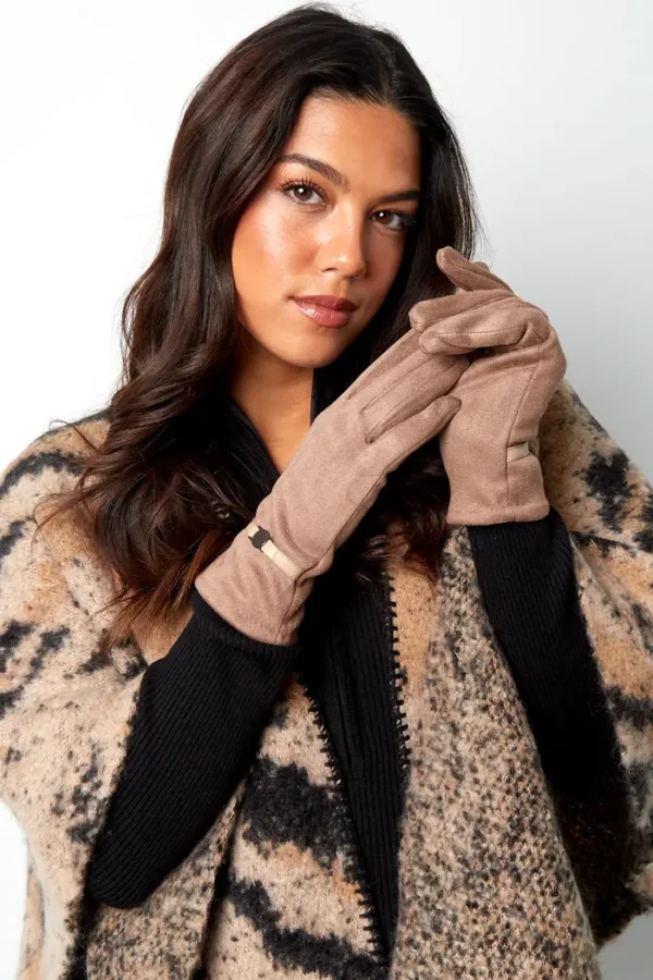 Handschoen riempje, Handschoen, zwart, polyester, PU, metaal detail op riempje, beige