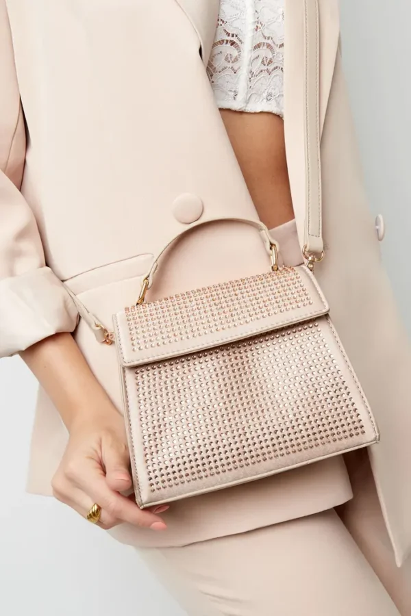 Handtas strass, Handtas, Metaal, PU, Strass steentjes, creme