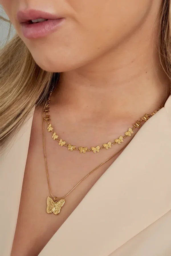 Dames ketting met vlinders, Ketting, Stainless steel, goud