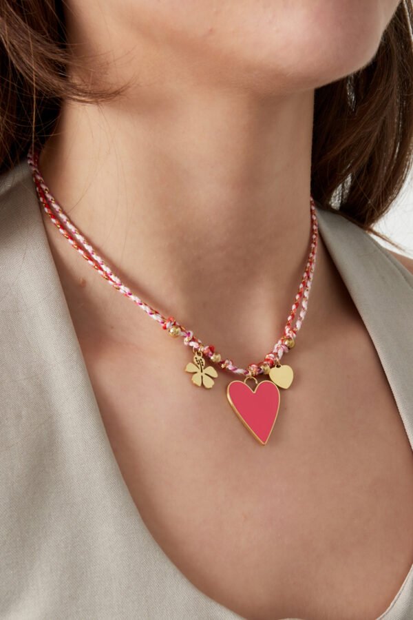 Happy summer girl ketting, Ketting, dames, gekleurd touw, 40+5 cm, stainless steel bedels, emaille hartje fuchsia,