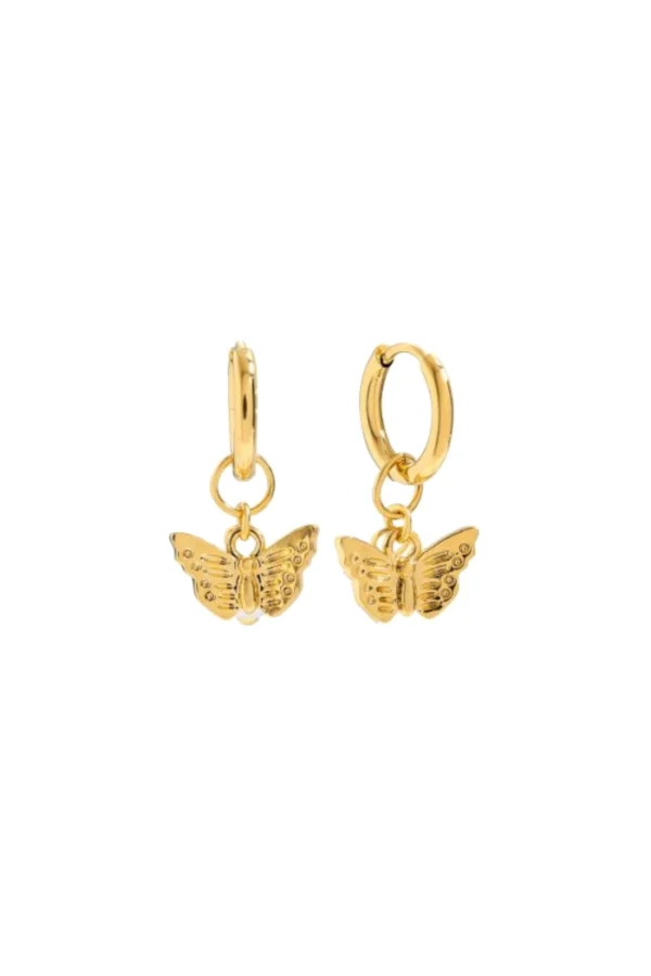 Vlinder parel oorbellen, Oorbellen, dames, stainless steel, kunst parel, lengte 2,5 cm, goud kleurig,