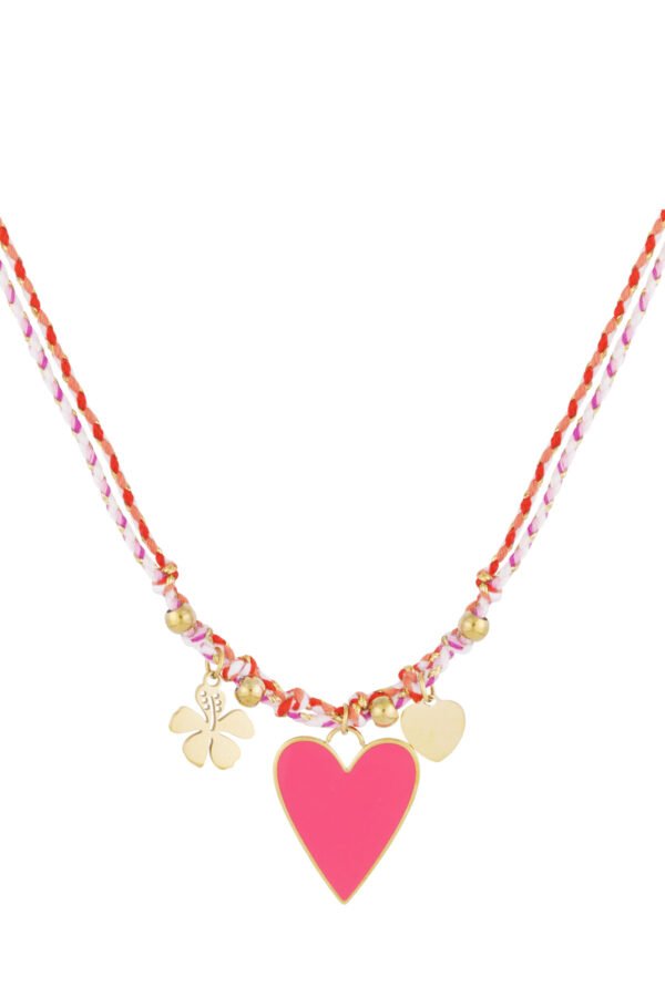Happy summer girl ketting, Ketting, dames, gekleurd touw, 40+5 cm, stainless steel bedels, emaille hartje fuchsia,