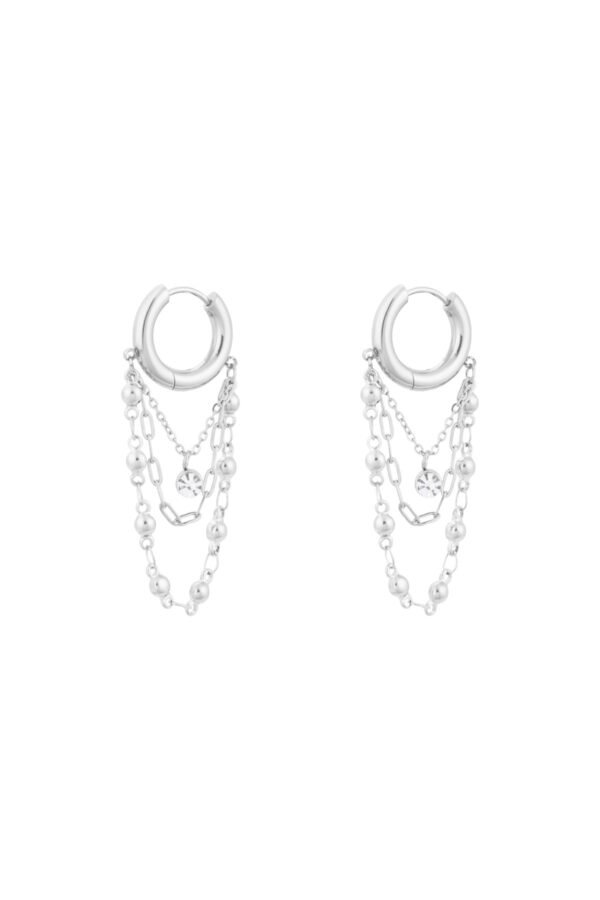 Oorbellen chained up, Oorbellen, dames, oorbel met ketting, stainless steel, strass steentje, zilver kleurig,
