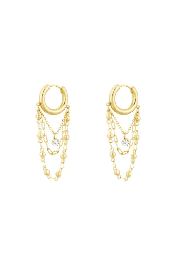 Oorbellen chained up, Oorbellen, dames, oorbel met ketting, stainless steel, strass steentje, goud kleurig,