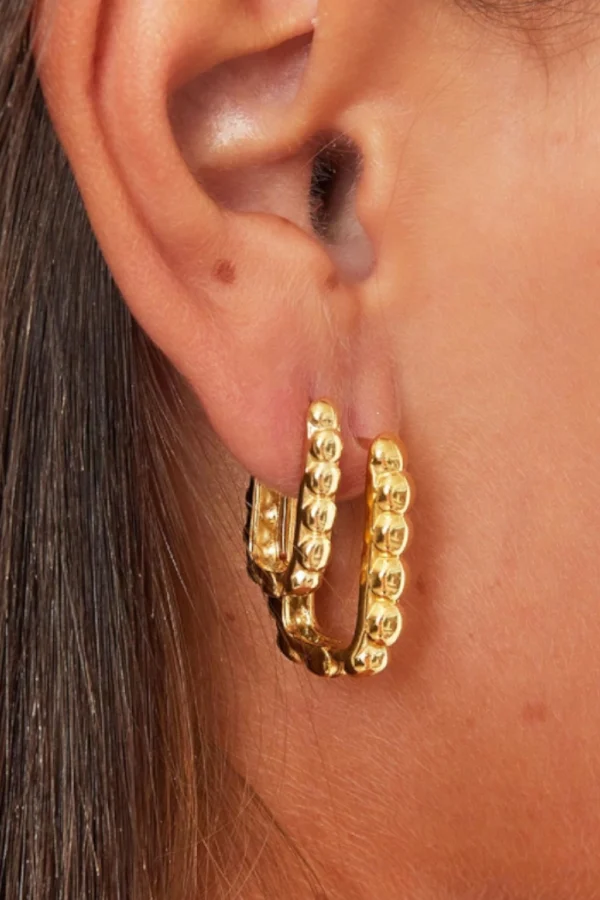 Rechthoekige oorbellen klein, Oorbellen, dames, met bolletjes, stainless steel, lengte 2 cm, bij 1,25 cm, goud kleurig