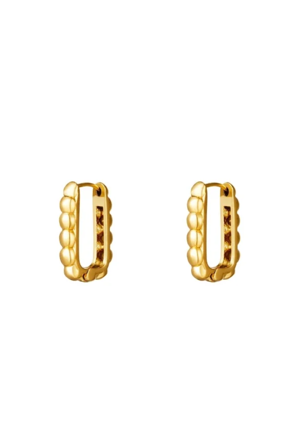 Rechthoekige oorbellen klein, Oorbellen, dames, met bolletjes, stainless steel, lengte 2 cm, bij 1,25 cm, goud kleurig