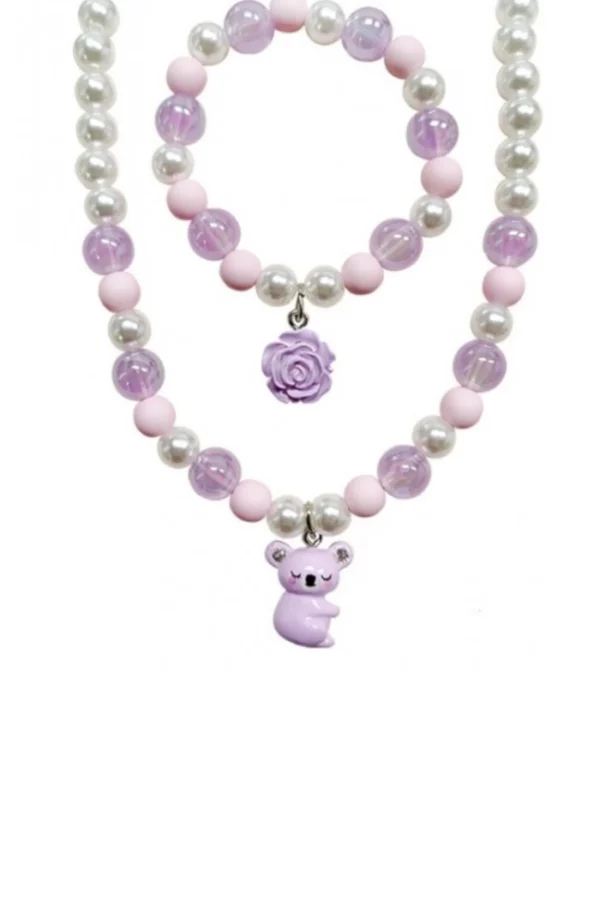 Elastieken ketting en armband, Ketting en armband, elastiek, kunstof, 20 en 8 cm, roze met wit, koala bedel,