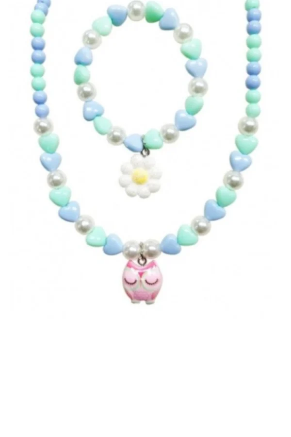Elastieken ketting en armband uil, Ketting en armband, elastiek, kunstof, 20 en 8 cm, groen met blauwe hartjes, zilvere kralen, owl bedel,