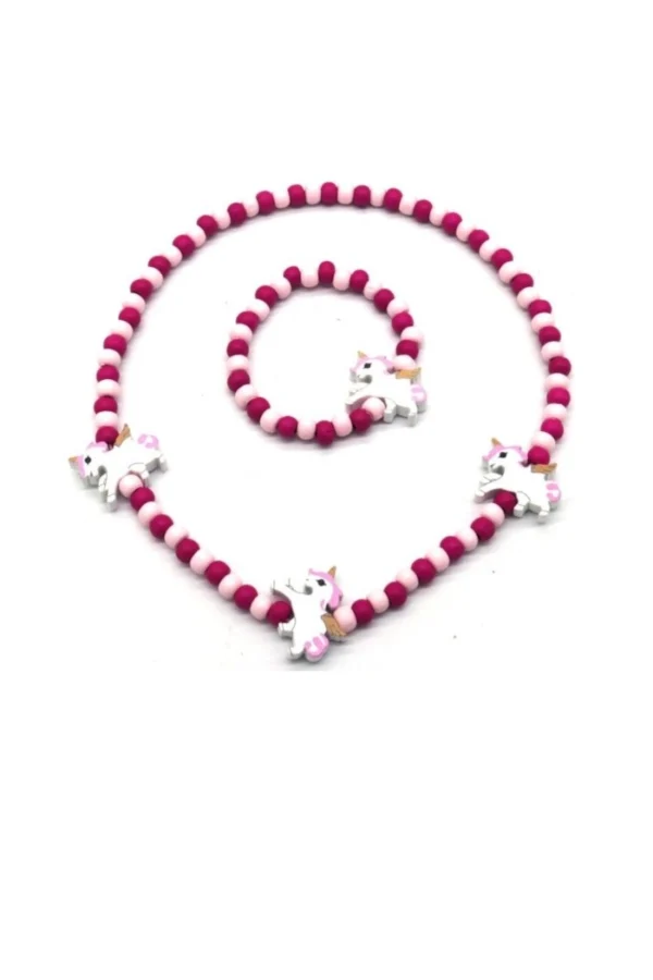 Elastieken ketting en armband Unicorn, Ketting en armband, elastiek, hout, 20 en 8 cm, paars met wit,