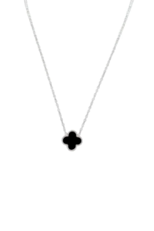 Ketting met klaver, Ketting, dames, stainless steel, zilver, zwart klavertje