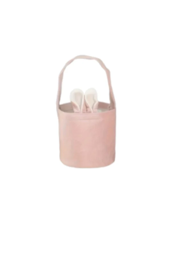 Paasmandje, van stof, circa 15 cm hoog, circa 12 cm doorsnee, bedrukt met naam, Roze met witte oren,