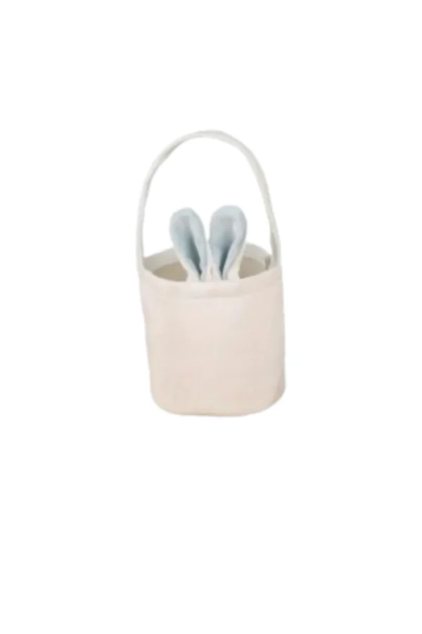 Paasmandje, van stof, circa 15 cm hoog, circa 12 cm doorsnee, bedrukt met naam, blauw met witte oren,