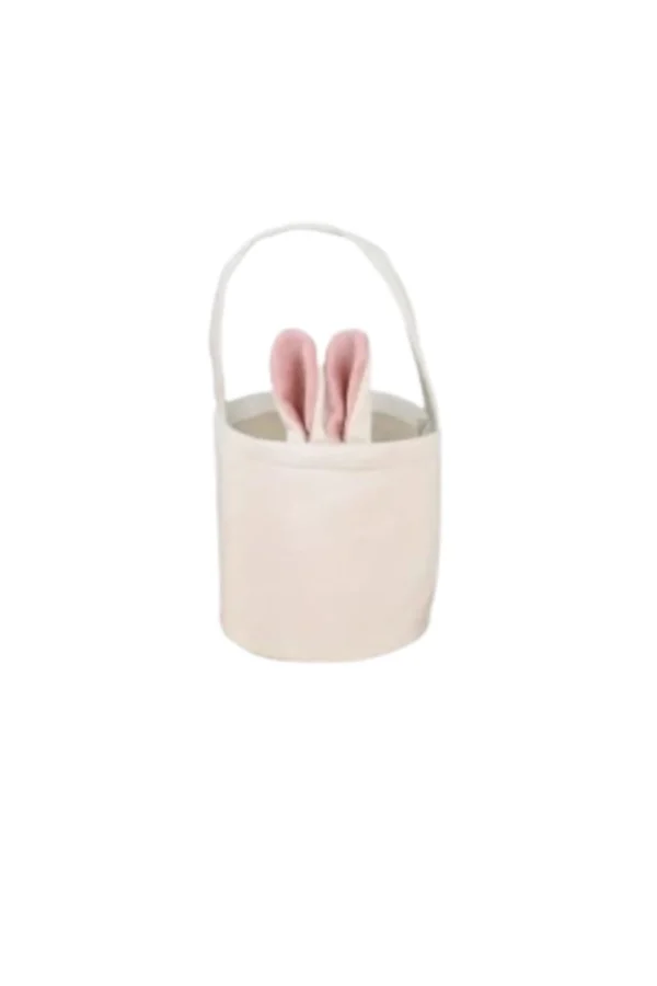 Paasmandje, van stof, circa 15 cm hoog, circa 12 cm doorsnee, bedrukt met naam, blauw met roze oren,