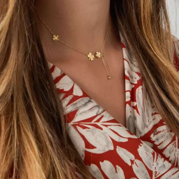 Ketting drie klavers en steen, stainless steel, 39 + 5 cm, strass steentje, goud kleurig