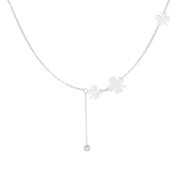 Ketting drie klavers en steen, stainless steel, 39 + 5 cm, strass steentje, zilver kleurig