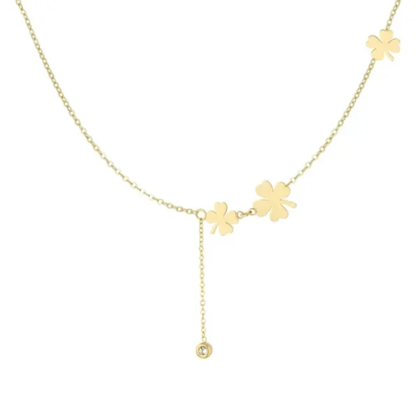 Ketting drie klavers en steen, stainless steel, 39 + 5 cm, strass steentje, goud kleurig