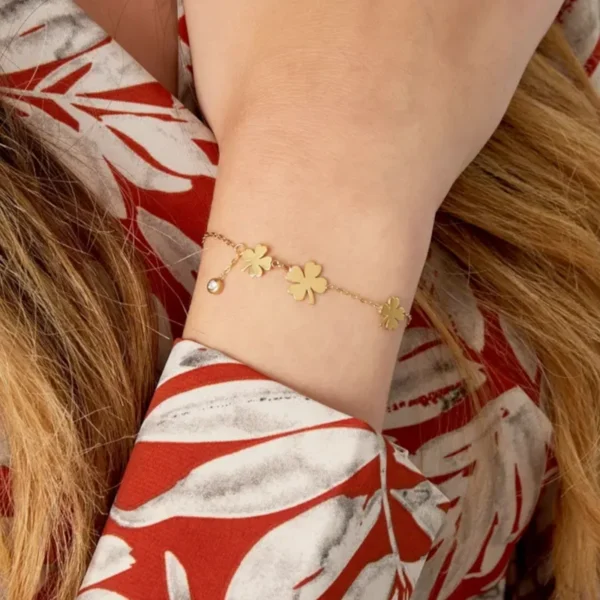 Armband klavers en steen, stainless steel, strass steentje, 16 + 3 cm, goud kleur