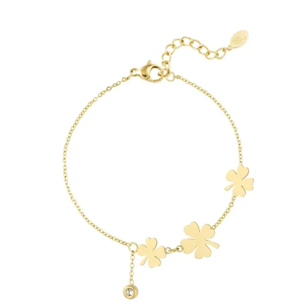 Armband klavers en steen, stainless steel, strass steentje, 16 + 3 cm, goud kleur
