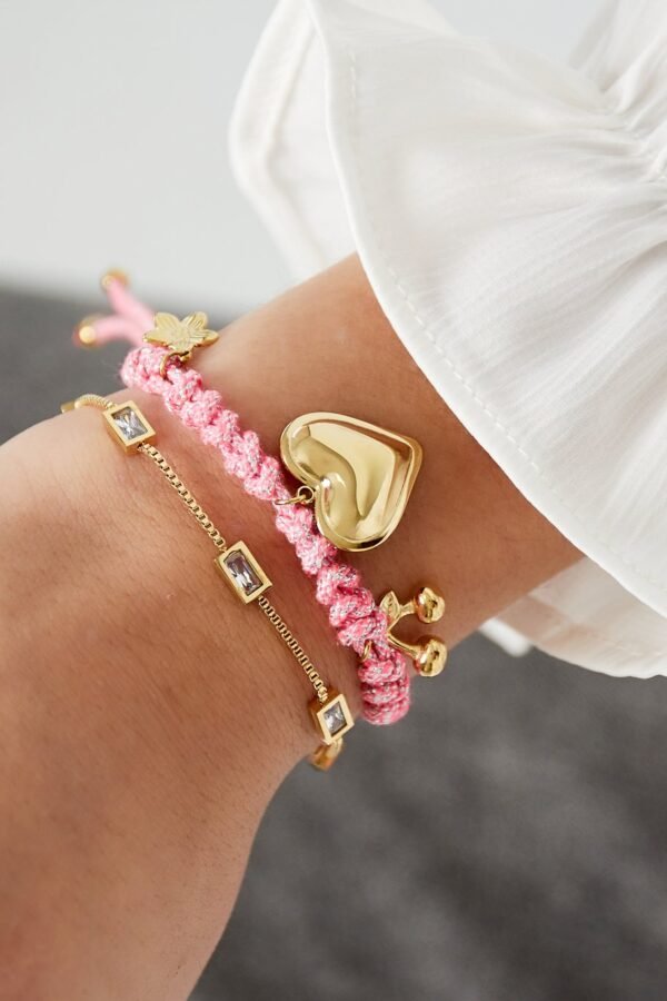 De lovely bracelet, Armband, rozetouw, 3 gouden bedeltjes van stainless steel, Onesize,