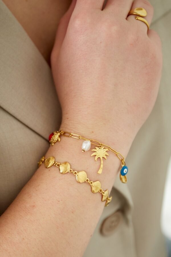 Armband shell trio, Armband, stain, 16,5 + 3 cm, 11 schelpjes, goud kleurig,