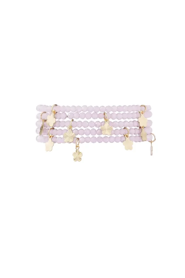 Dubbele armband met bloem bedels, Armband, kristal, koper, 18 cm, roze kleur,