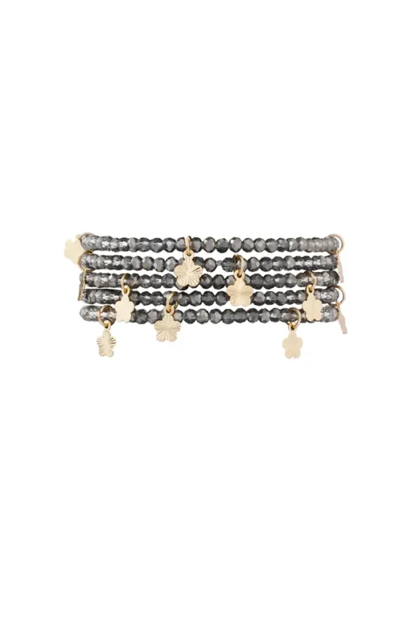 Dubbele armband met bloem bedels, Armband, kristal, koper, 18 cm, grijze kleur,