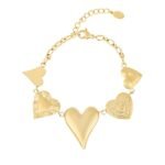 Lots of love armband, armband, stainless steel, 16 + 3 cm, 5 hartjes bedels met verschillende afdruk, goud kleurig,