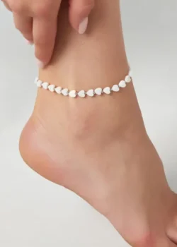 Enkelbandje hearts shell, stainless steel, schelp, witte hartjes, 22 + 5 cm, zilver kleurig