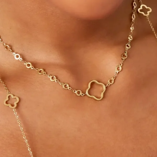 Ketting cirkels met klaver, stainless steel, open klaver, 40 + 5 cm, goud kleurig