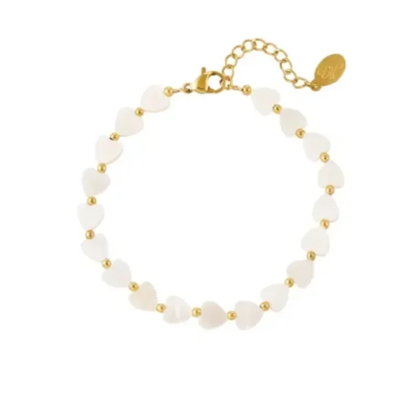 Armband hearts shell, stainless steel, schelpjes, hematies, 17 + 3 cm, goud kleurig,