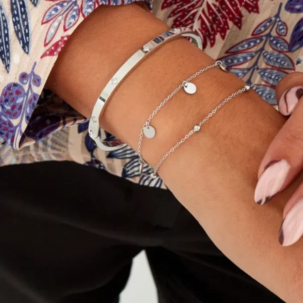 Dubbele armband versiering, stainless steel, 2 kettingtjes, bolletjes en cirkels bedeltjes, 16 + 3 cm, zilver kleurig