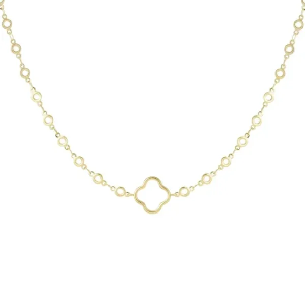 Ketting cirkels met klaver, stainless steel, open klaver, 40 + 5 cm, goud kleurig
