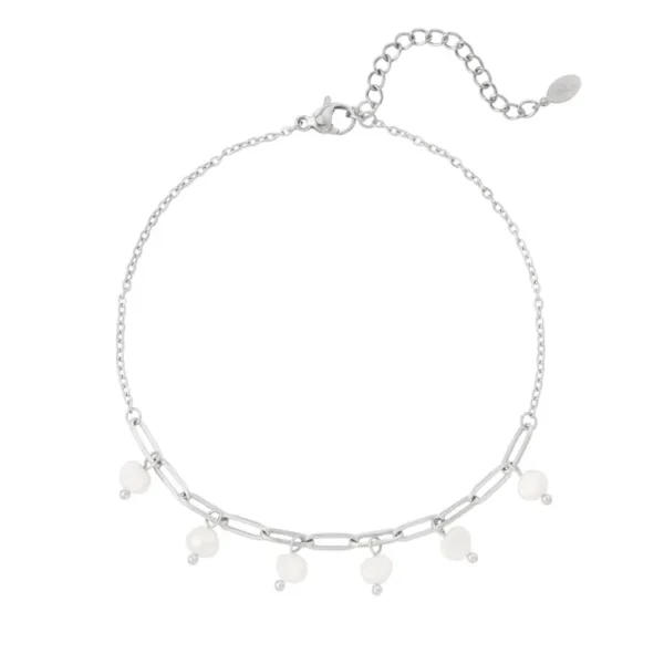 Enkelbandje schakels met parels, Enkelbandje, dames, stainless steel, met imitatie parels, 22 + 5 cm, zilver kleurig,