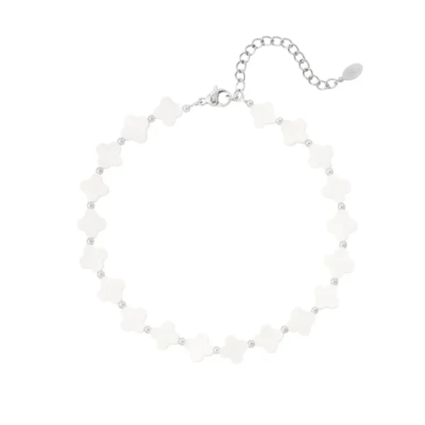 Enkelbandje witte klavers, stainless steel. schelp, hematiet, 22+5 cm, zilver kleurig