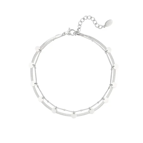 Enkelbandje dubbellaags met cirkels, Enkelbandje, dames, stainless steel, 22 + 5 cm, zilver kleurig,