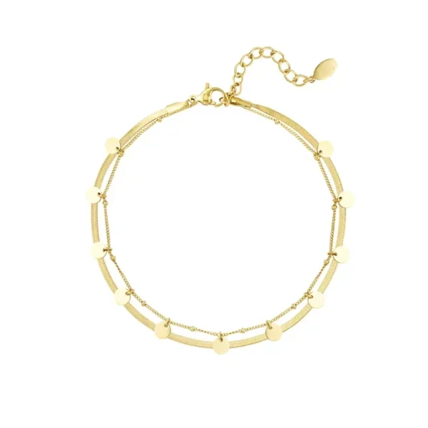 Enkelbandje dubbellaags met cirkels, Enkelbandje, dames, stainless steel, 22 + 5 cm, goud kleurig,