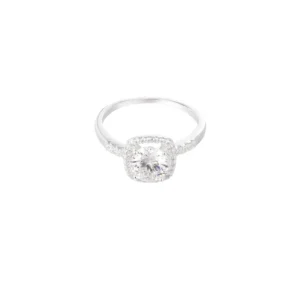 Ring vierkante steen, stainless steel, grote Moissaiet steen, kleine zirkonium steentjes, maat 16, zilver kleurig,