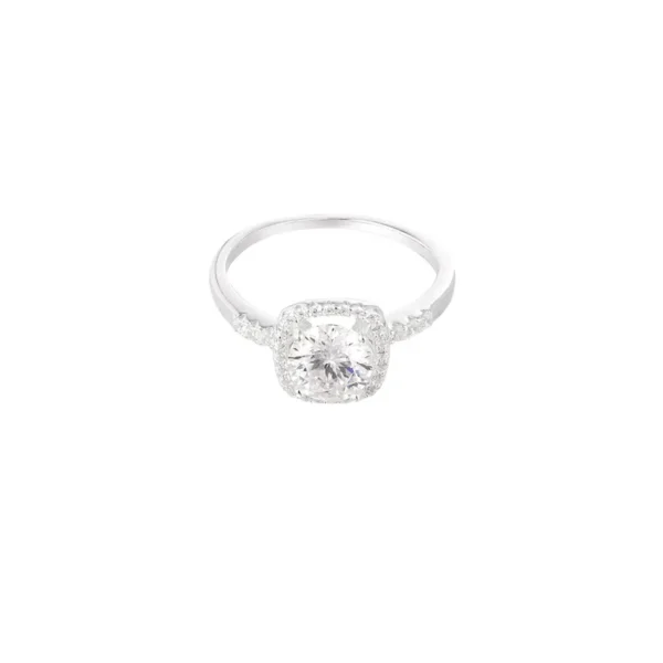 Ring vierkante steen, stainless steel, grote Moissaiet steen, kleine zirkonium steentjes, maat 16, zilver kleurig,