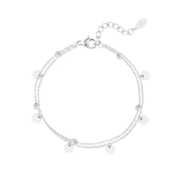 Dubbele armband versiering, stainless steel, 2 kettingtjes, bolletjes en cirkels bedeltjes, 16 + 3 cm, zilver kleurig