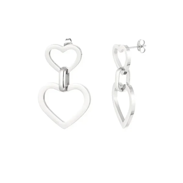 Oorbellen hartjes met schakel, stainless steel, circa 4 bij 2,5 cm, zilver kleurig,