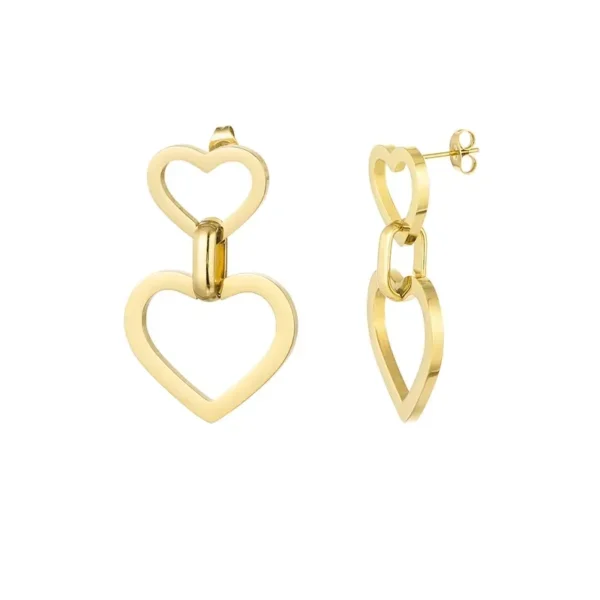 Oorbellen hartjes met schakel, stainless steel, circa 4 bij 2,5 cm, goud kleurig,