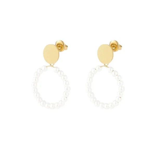 Oorbellen rond parels, Oorbellen, dames, stainless steel, imitatie parels, goud kleurig