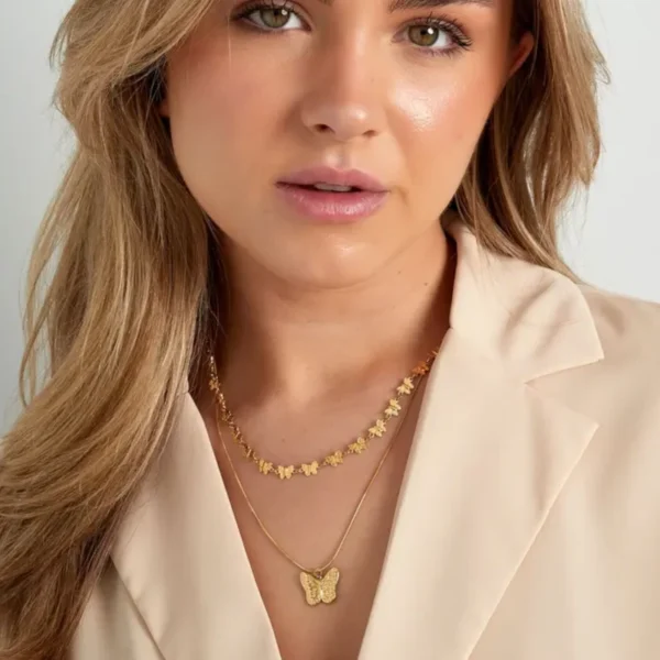 Ketting met vlinders, ketting, stainless steel, 40 + 5 cm, dubbele ketting, goud kleurig