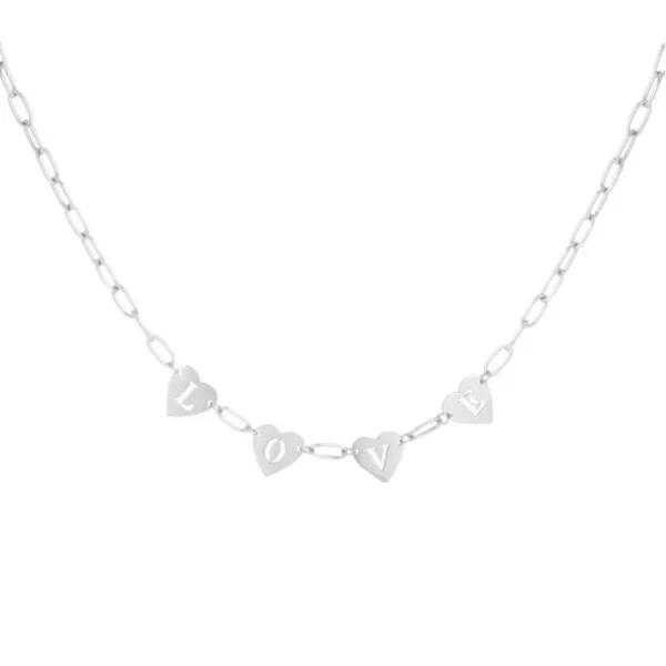 Loving link ketting, schakelketting, stainless steel, 39 + 5 cm, met 4 hartjes, in elk hartje een letter "LOVE", zilver keurig