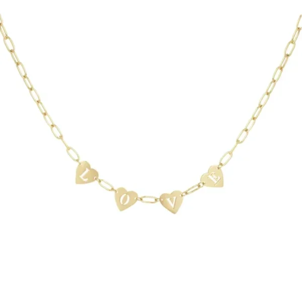 Loving link ketting, schakelketting, stainless steel, 39 + 5 cm, met 4 hartjes, in elk hartje een letter "LOVE", goud keurig