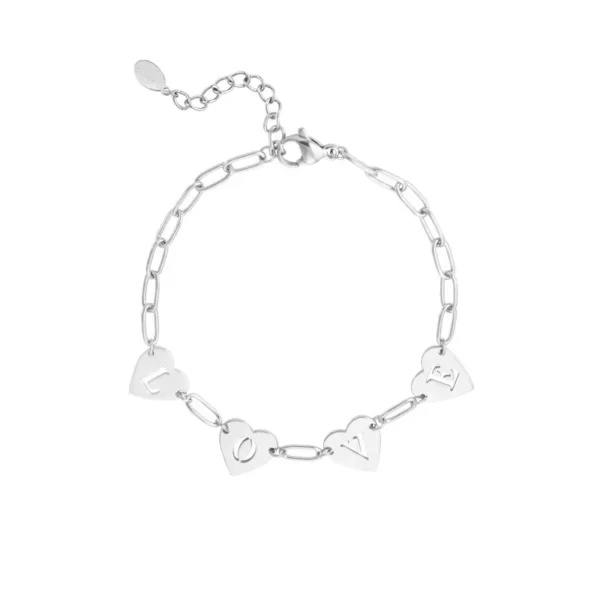 Loving link armband, schakelarmband, stainless steel, 16 + 3 cm, met 4 hartjes, in elk hartje een letter "LOVE", zilver keurig