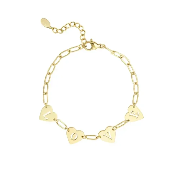 Loving link armband, schakelarmband, stainless steel, 16 + 3 cm, met 4 hartjes, in elk hartje een letter "LOVE", goud keurig