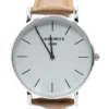 Casual ronde wijzer, Dames horloge, stainless steel, Echt leren bandje van 23 cm, uurwerk zilver met wit en zwarte wijzers, bruin bandje,