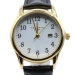 Casual ronde quartz, Dames horloge, echt leder bandje van 23 cm, goud met wit uurwerk, zwart bandje, datum weergave,
