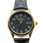 Casual ronde quartz, Dames horloge, echt leder bandje van 23 cm, goud met zwart uurwerk, zwart bandje, datum weergave,